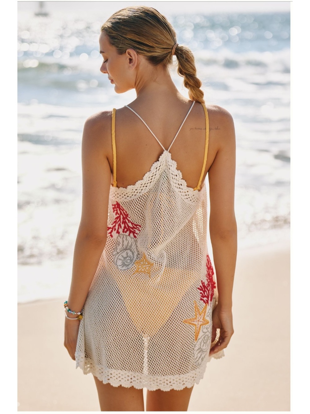 Anthropologie Cream Crochet Mesh Swim Coverup with Red and Yellow Embroidery - Picture 2 of 10